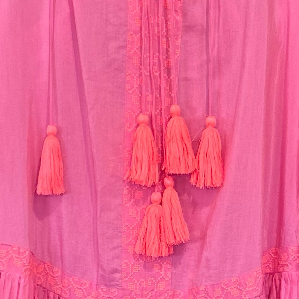 Pranella Pink Embroidered Tassel Boho Loose Fit Dress Size Small - Picture 12 of 12